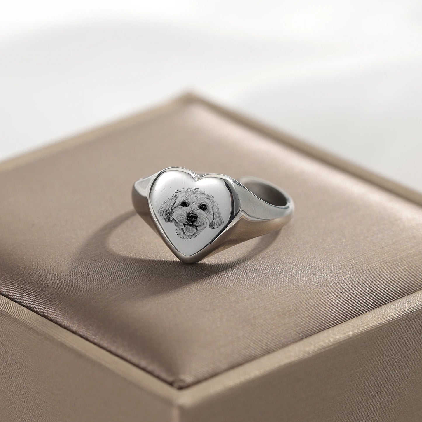 Custom Pet Photo Engraved Heart Ring | Personalized Stainless Steel Signet Jewelry