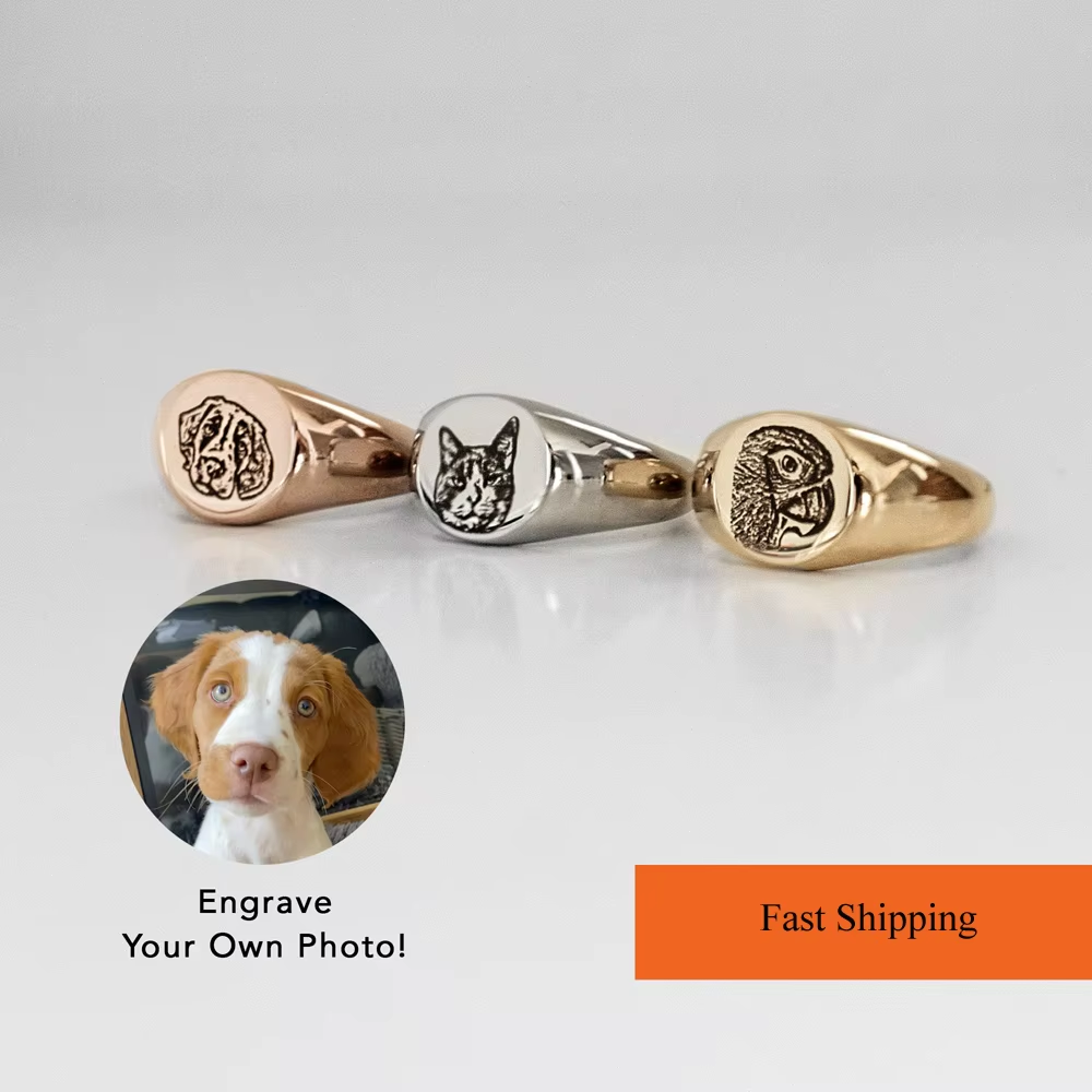 Custom Pet Photo Engraved Heart Ring | Personalized Stainless Steel Signet Jewelry