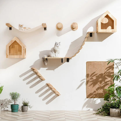 Wall Mounted Cat Shelf Features Step Stairs with Scratching Post Included