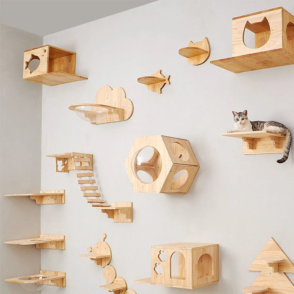 Wall Mounted Cat Shelf Features Step Stairs with Scratching Post Included