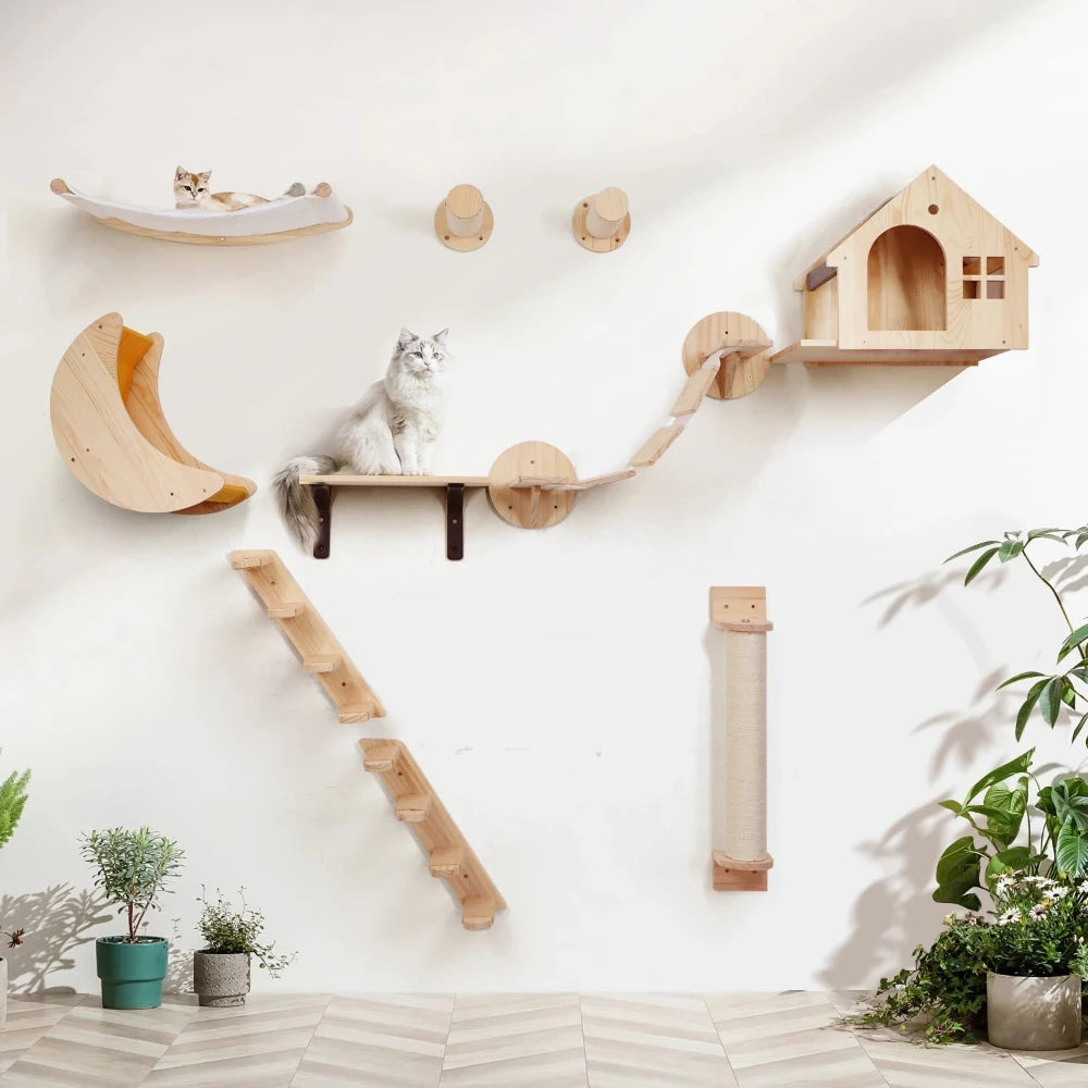 Wall Mounted Cat Shelf Features Step Stairs with Scratching Post Included