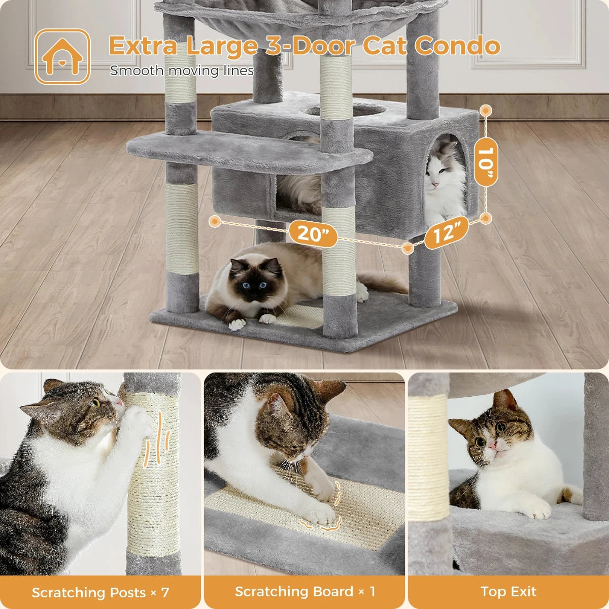 Large Cat Tree Condo - Multi-Level Plush Tower Scratching Posts