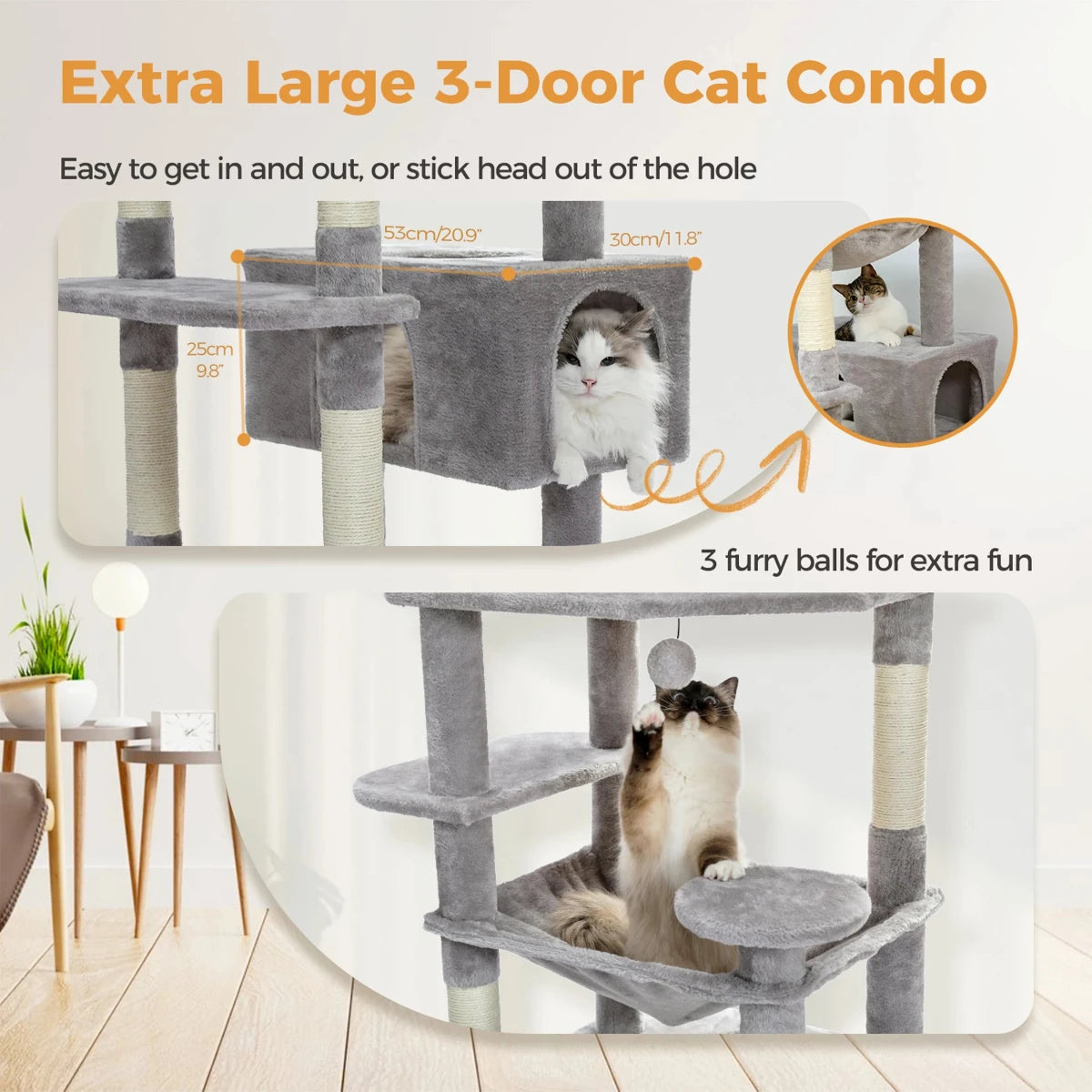 Large Cat Tree Condo - Multi-Level Plush Tower Scratching Posts